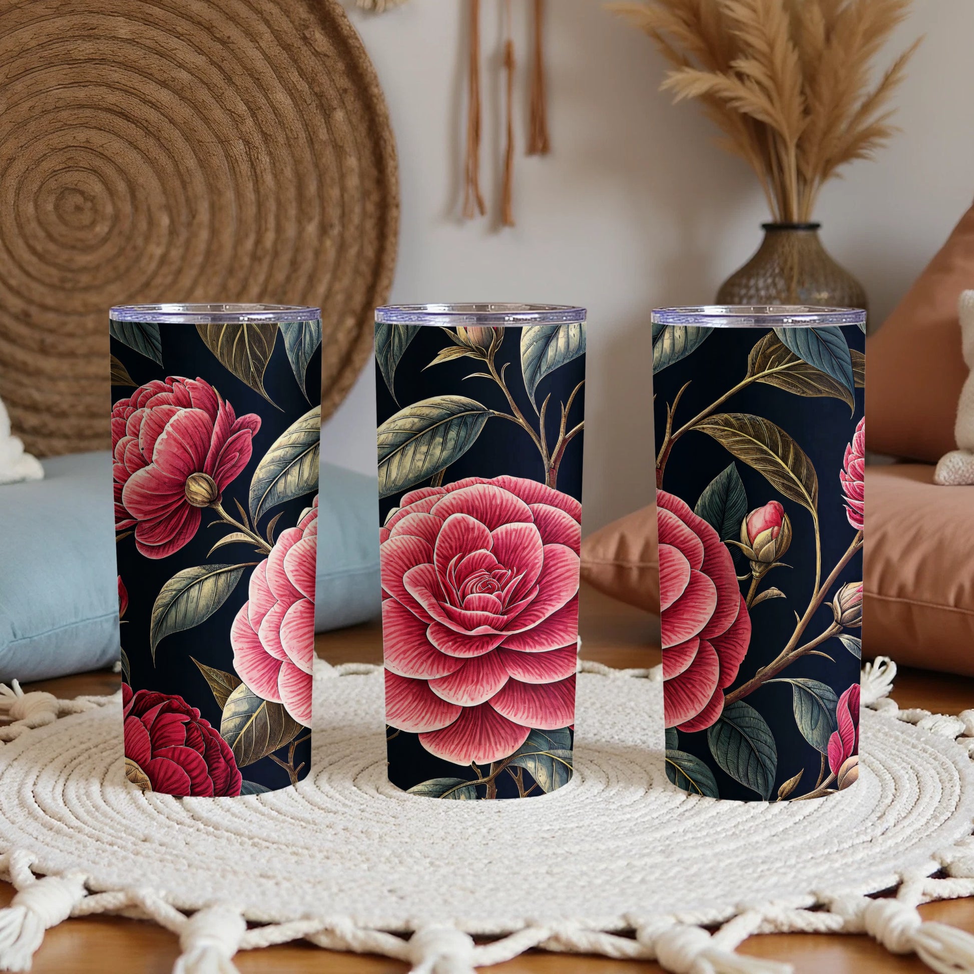 Pink Flower Detailed Floral Pattern Against Dark Background Tumblers - Walk Greener