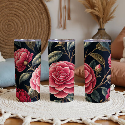 Pink Flower Detailed Floral Pattern Against Dark Background Tumblers - Walk Greener