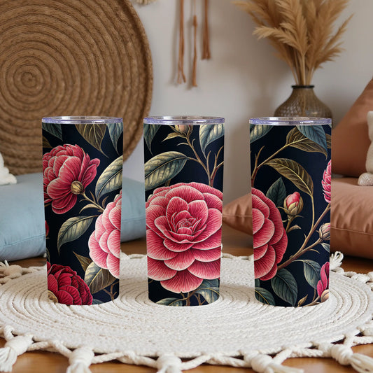 Pink Flower Detailed Floral Pattern Against Dark Background Tumblers - Walk Greener