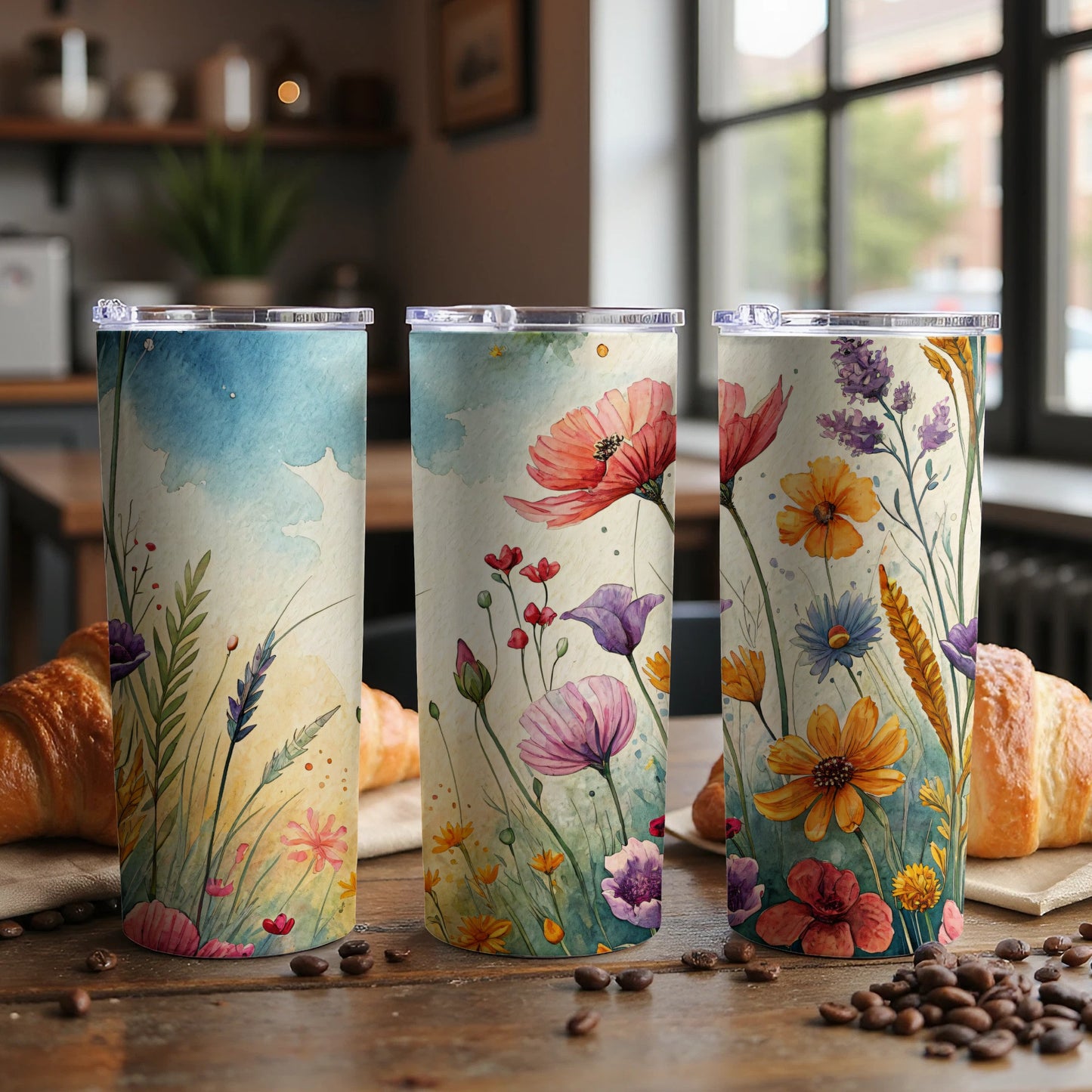 Watercolor Floral Field Design Beautiful Flower Art 20 oz Skinny Tumbler - Walk Greener