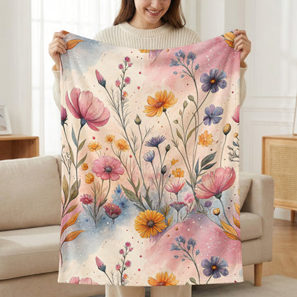 Watercolor Meadow Flowers on Light Background Velveteen Plush Blankets - Walk Greener