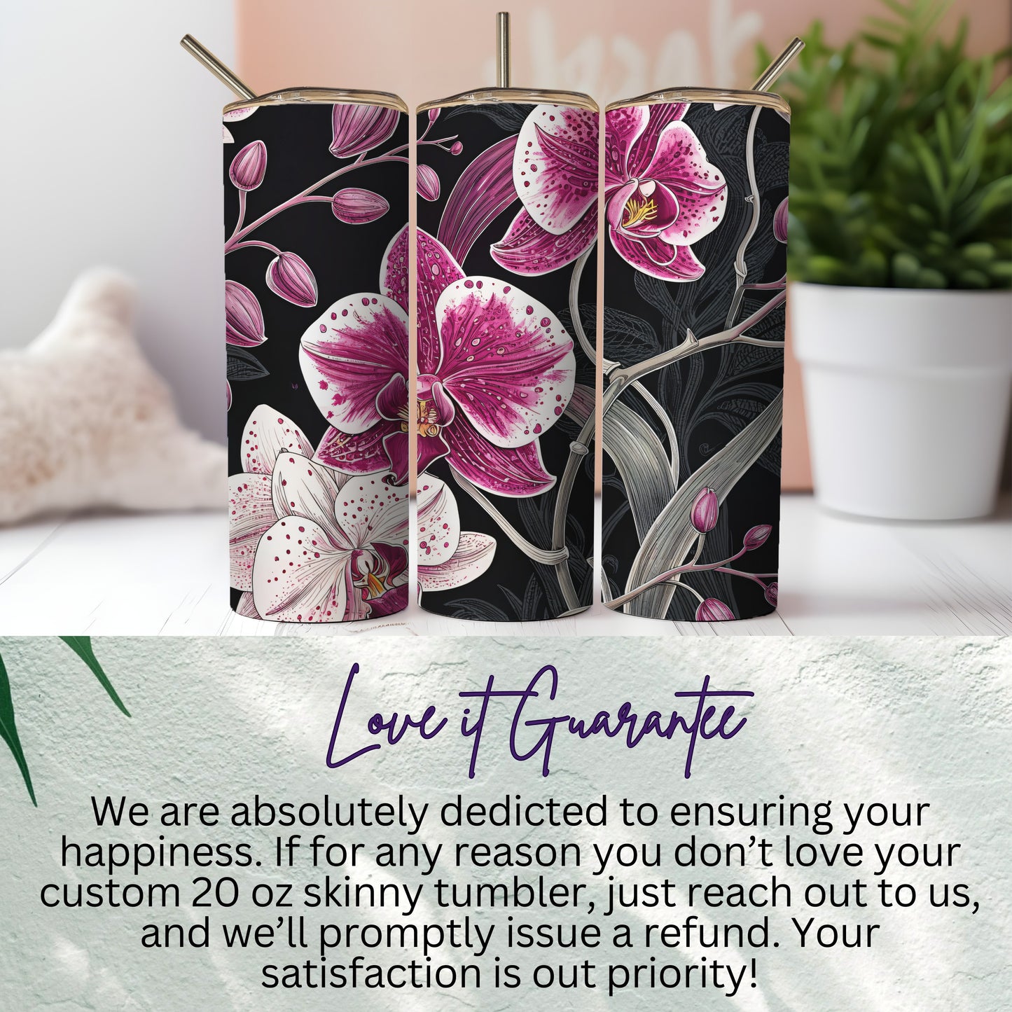 Beautiful Floral Skinny Tumblers with Pink Orchids Design