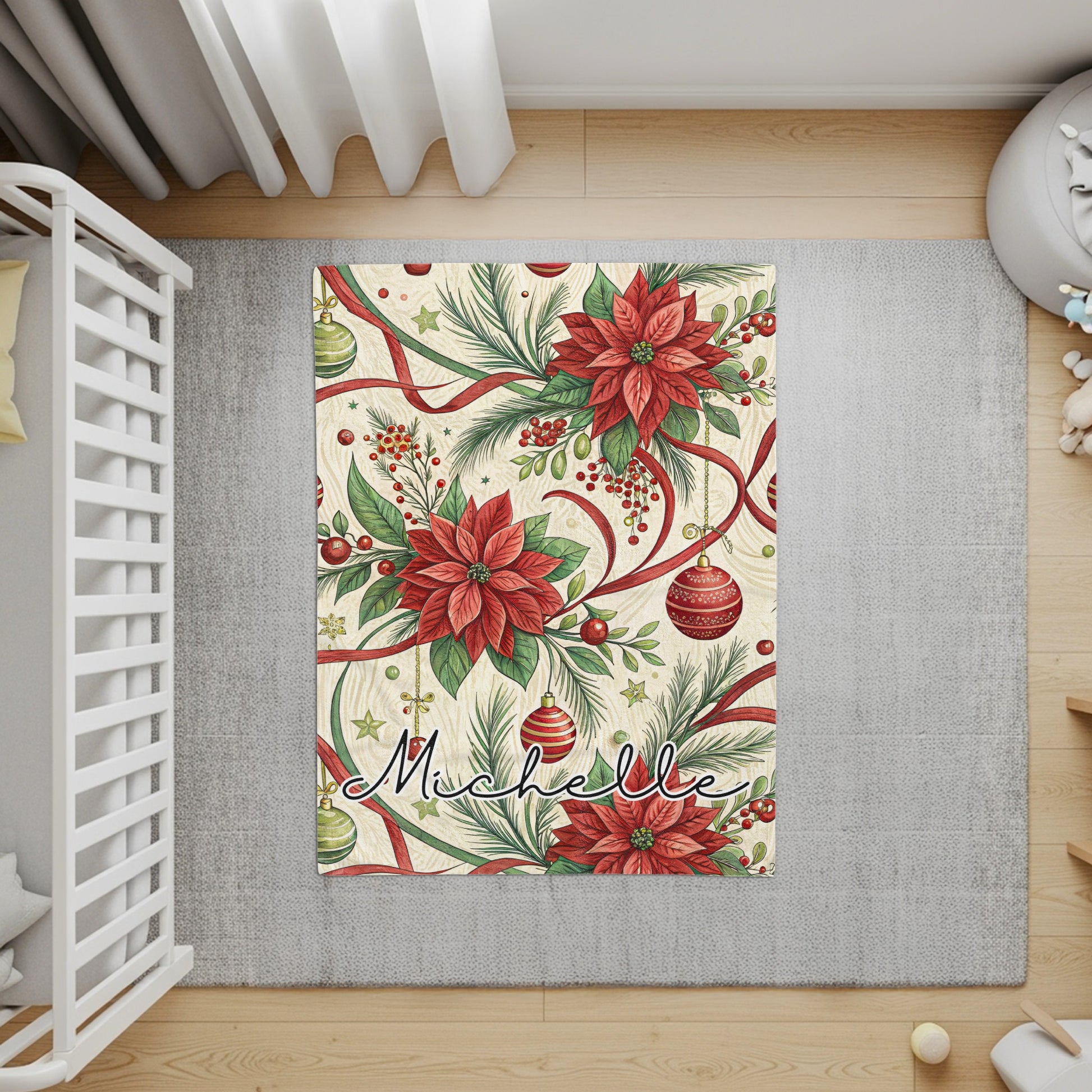Personalized Christmas Poinsettia and Ornament Rug