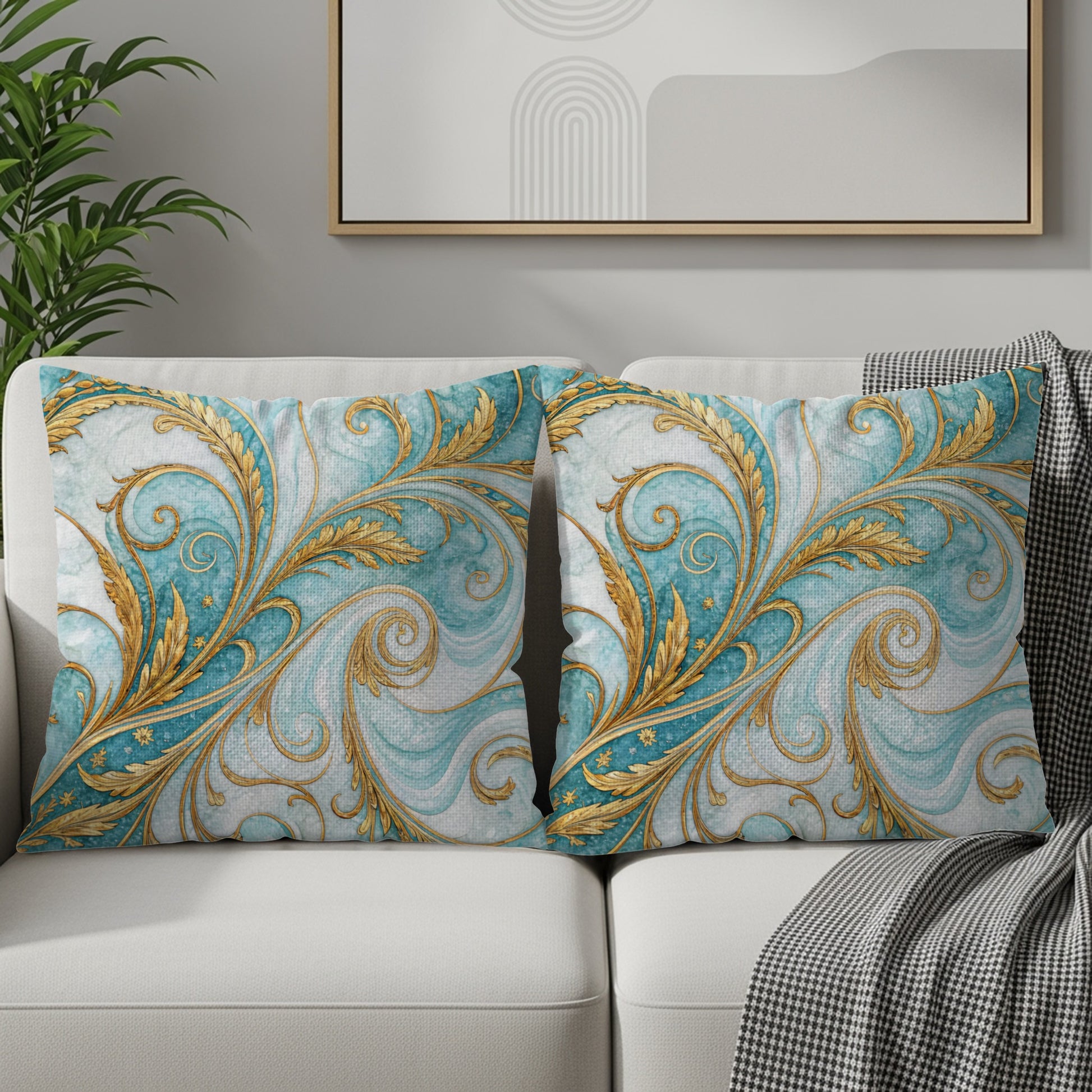 Elegant Blue and Gold Scroll Pattern Decorative Pillow