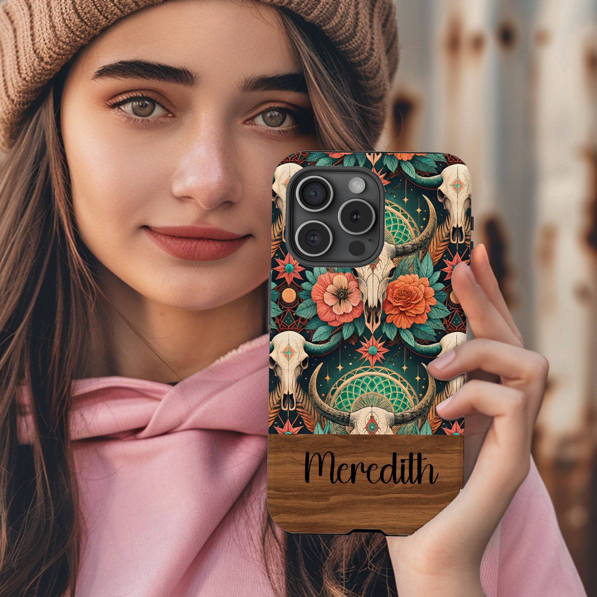 Boho Skull Floral Pattern With Custom Name Initial Phone Case - Walk Greener