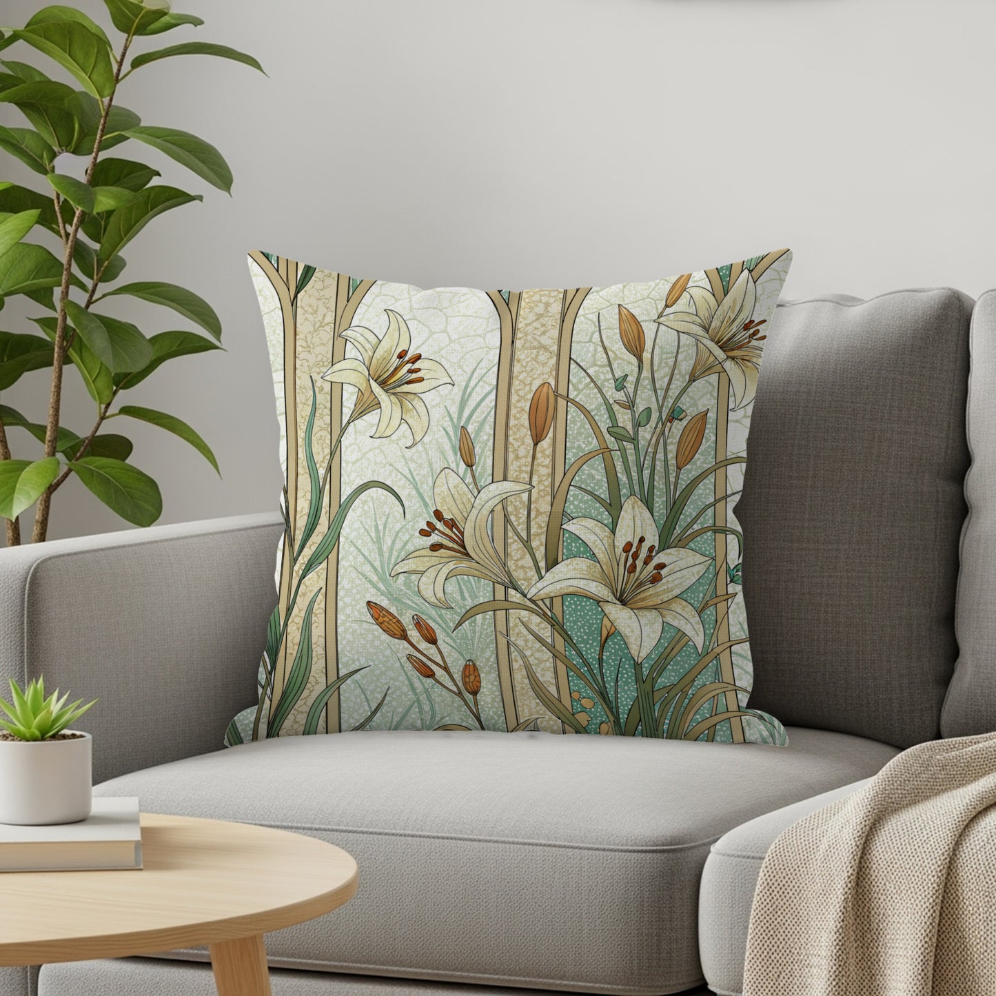 Floral Beauty Lilies Within Arches on Light Green Throw Pillows - Walk Greener