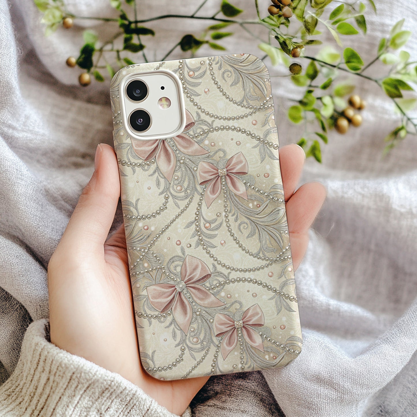 Elegant Decorative Bow and Pearl Pattern Phone Case