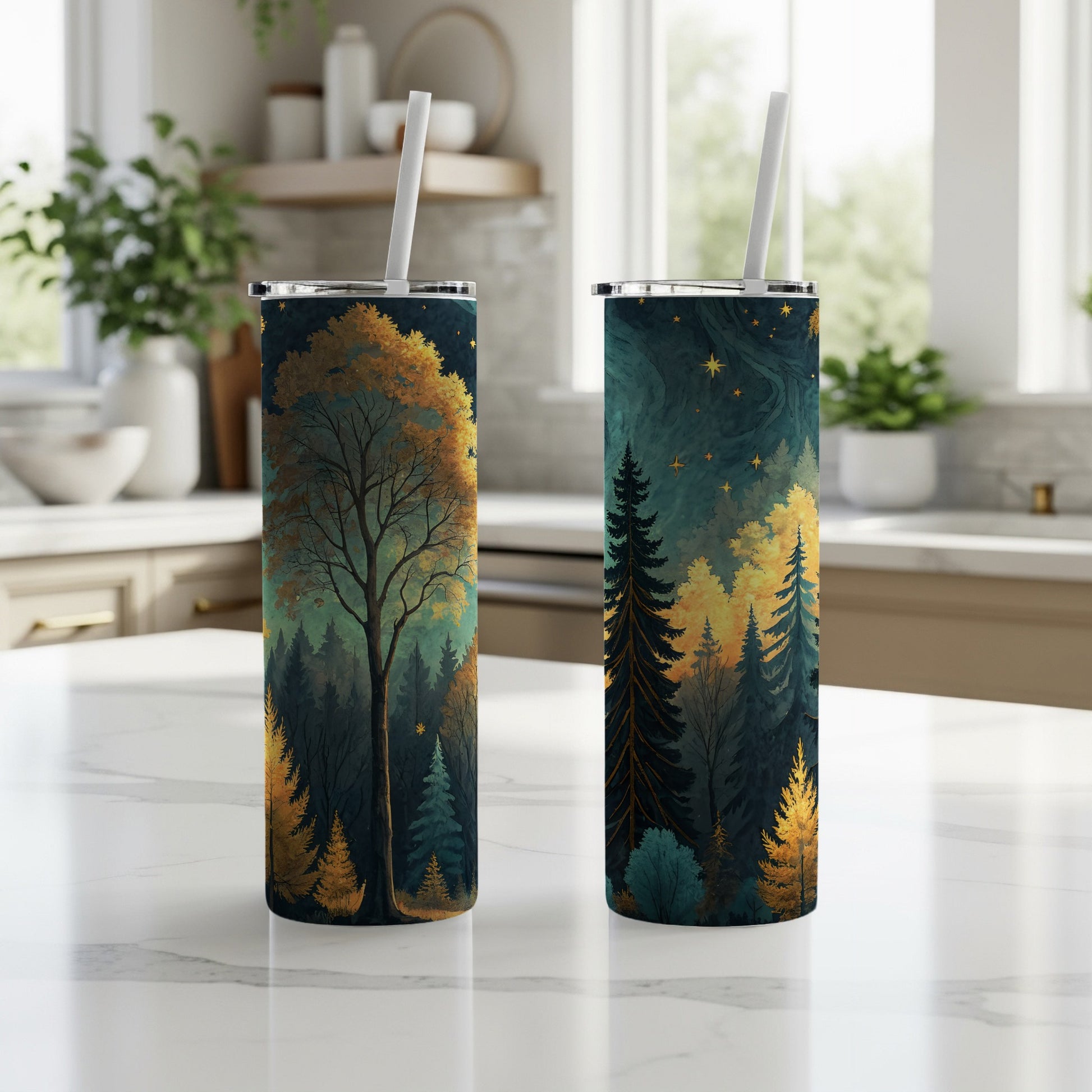 Forest Trees and Starry Night Design Tumbler