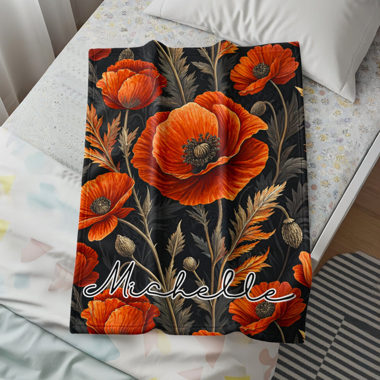 Bold Red and Black Floral Custom Name Blanket