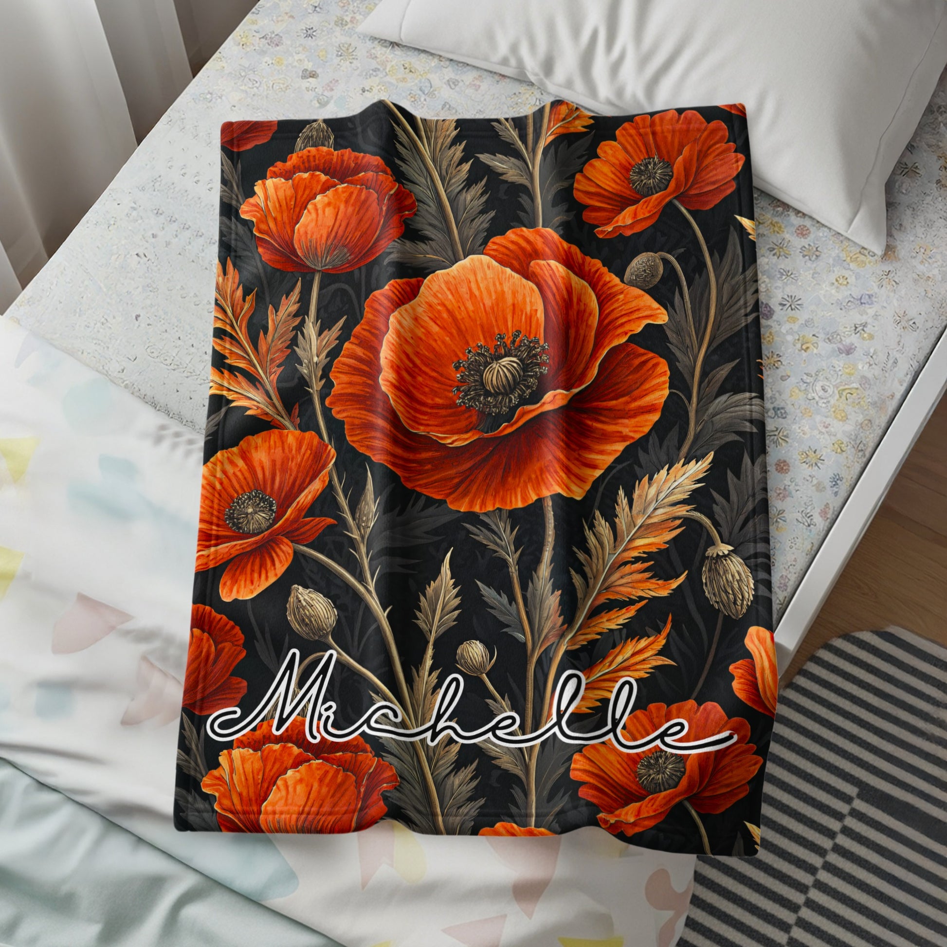 Bold Red and Black Floral Custom Name Blanket