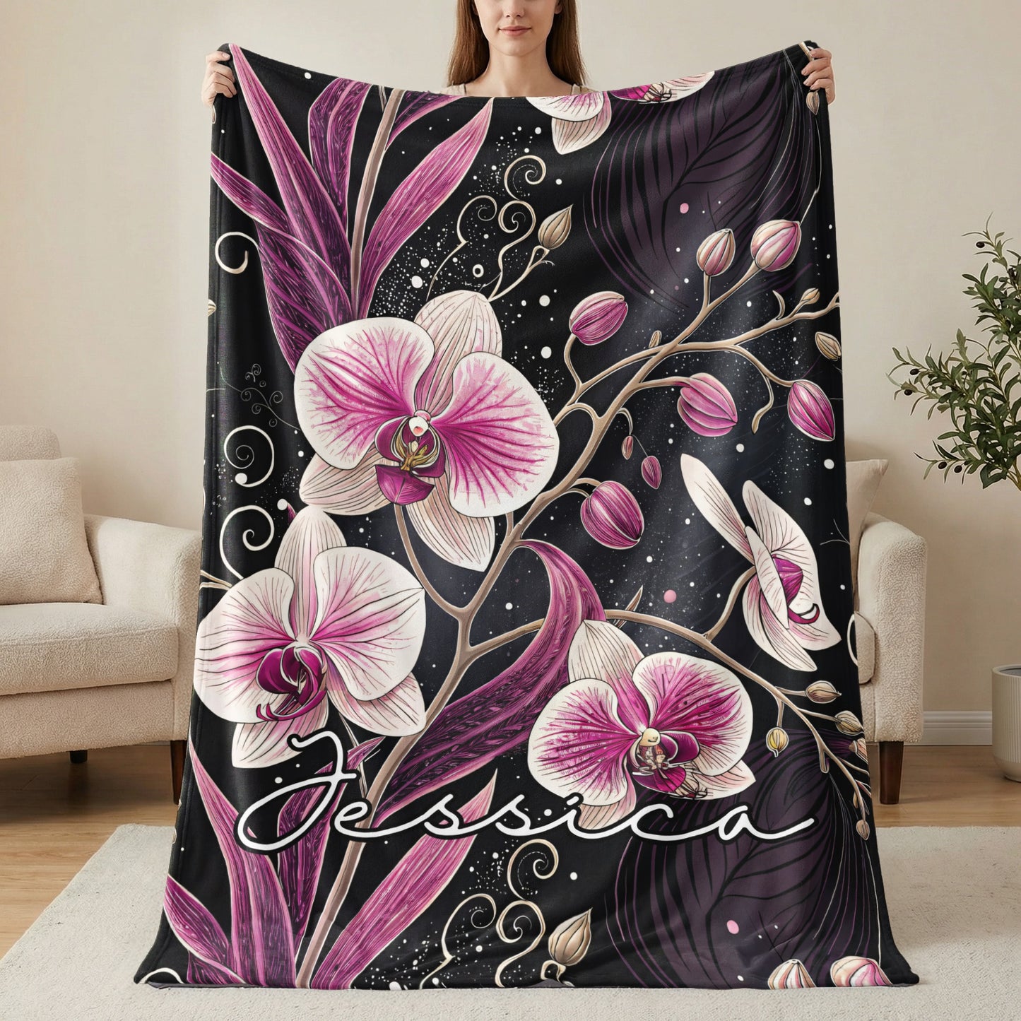 Personalized Jessica Orchid Design Name Blanket