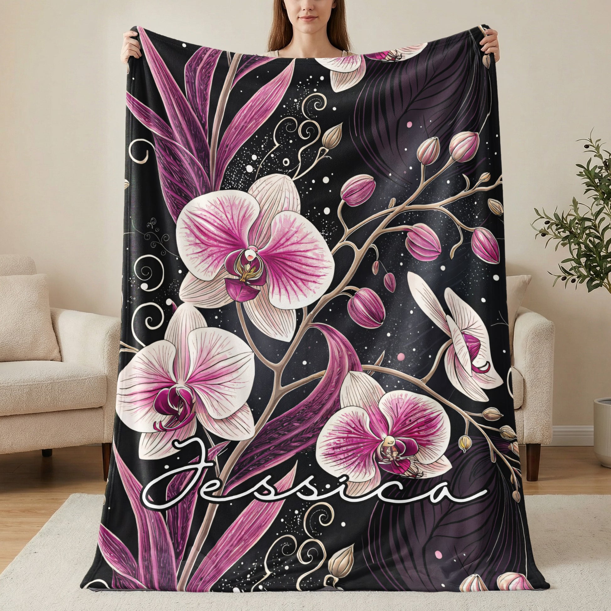 Personalized Jessica Orchid Design Name Blanket