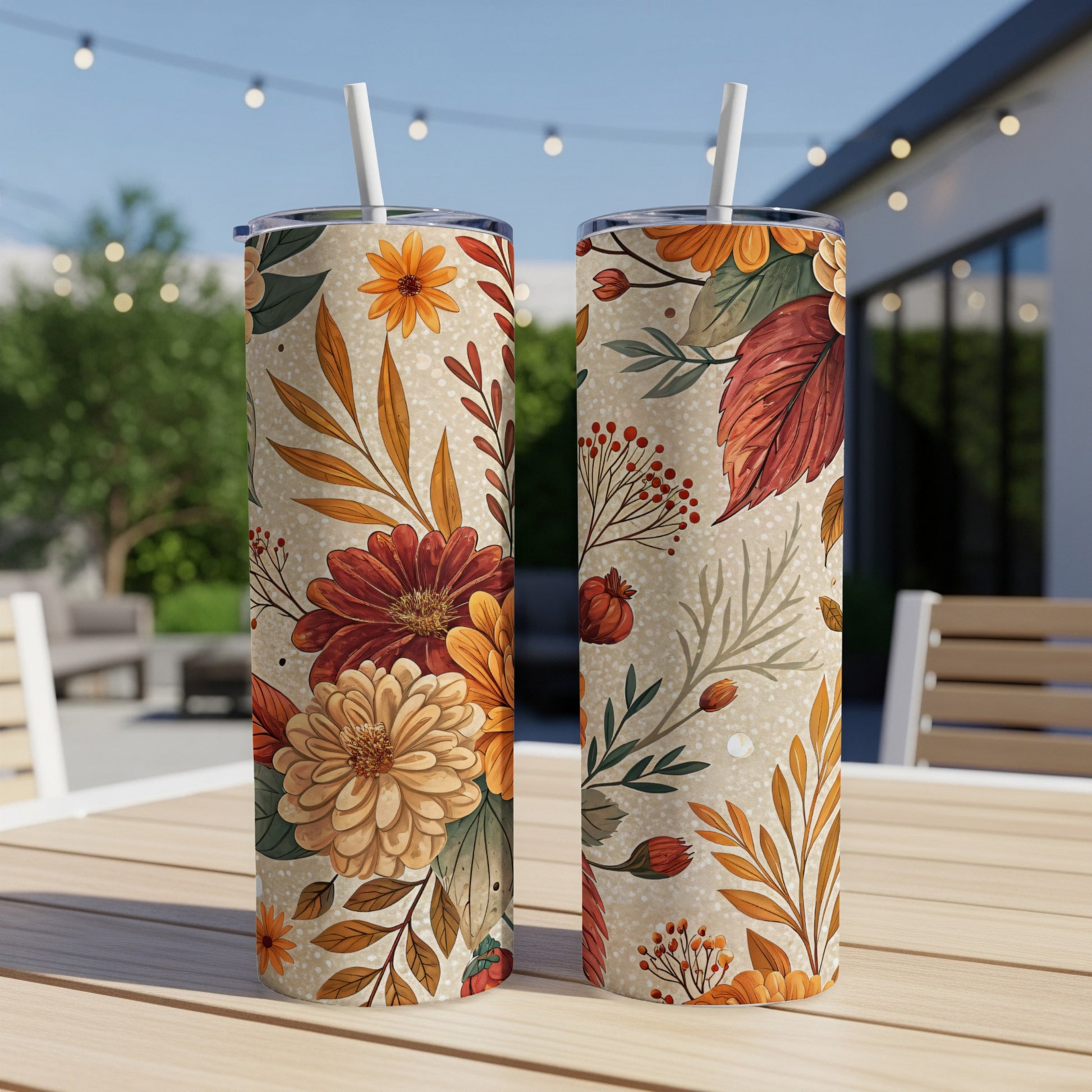Autumn Floral Print Tumbler with Straw for Daily Use