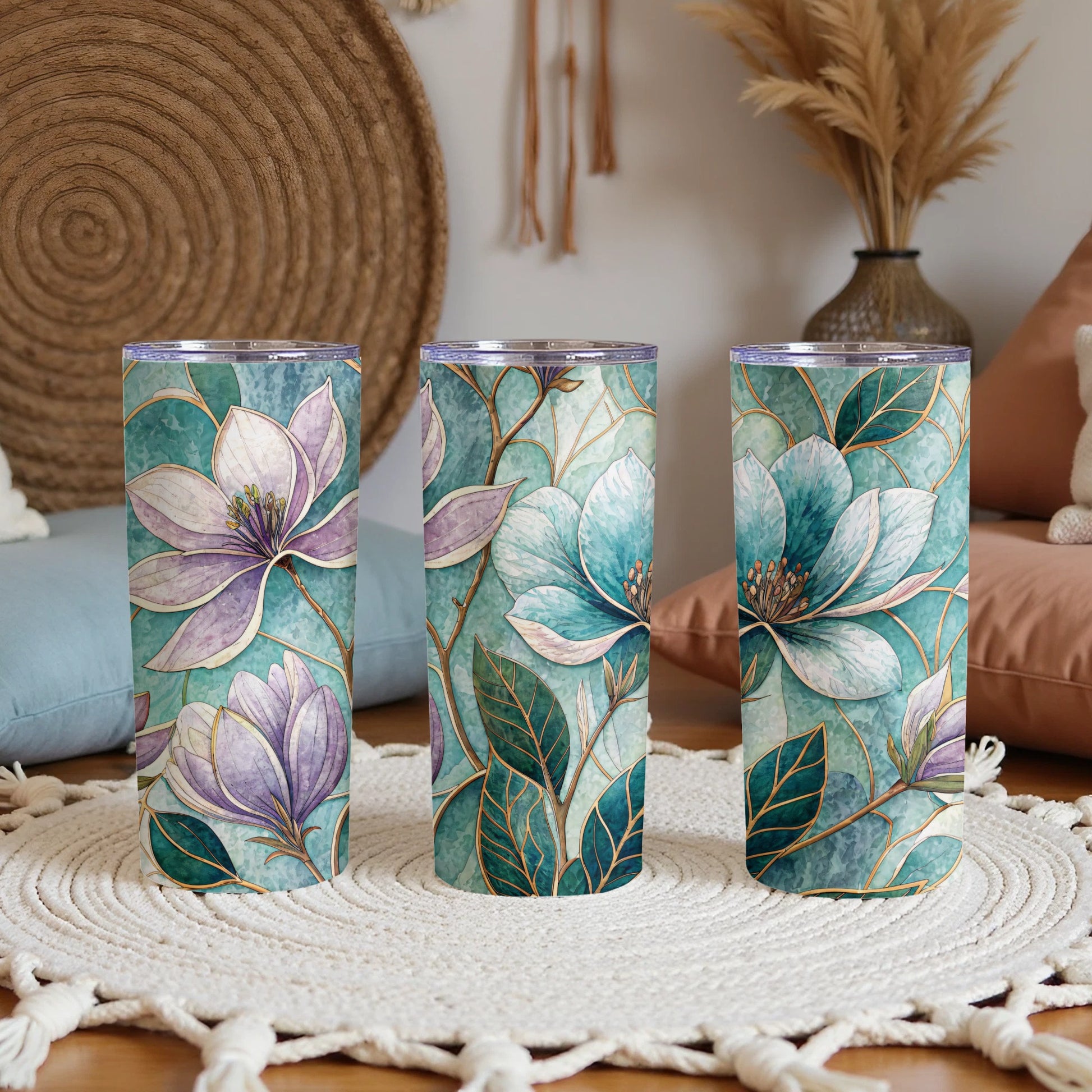 Magnolia Floral Watercolor Teal Background 20 oz Skinny Tumbler - Walk Greener