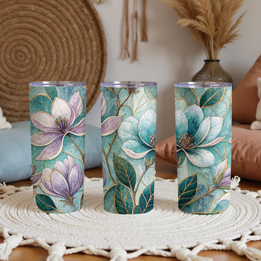 Magnolia Floral Watercolor Teal Background 20 oz Skinny Tumbler - Walk Greener
