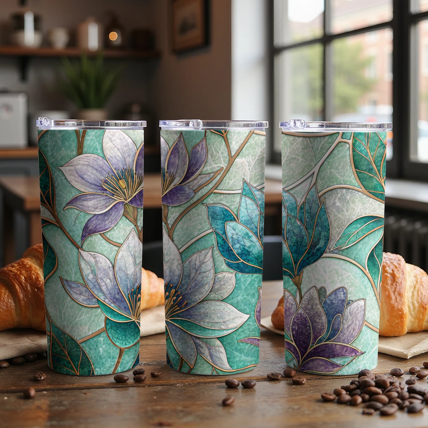 Floral Stained Glass Design Beautiful Flowers Style Art 20 oz Skinny Tumbler - Walk Greener