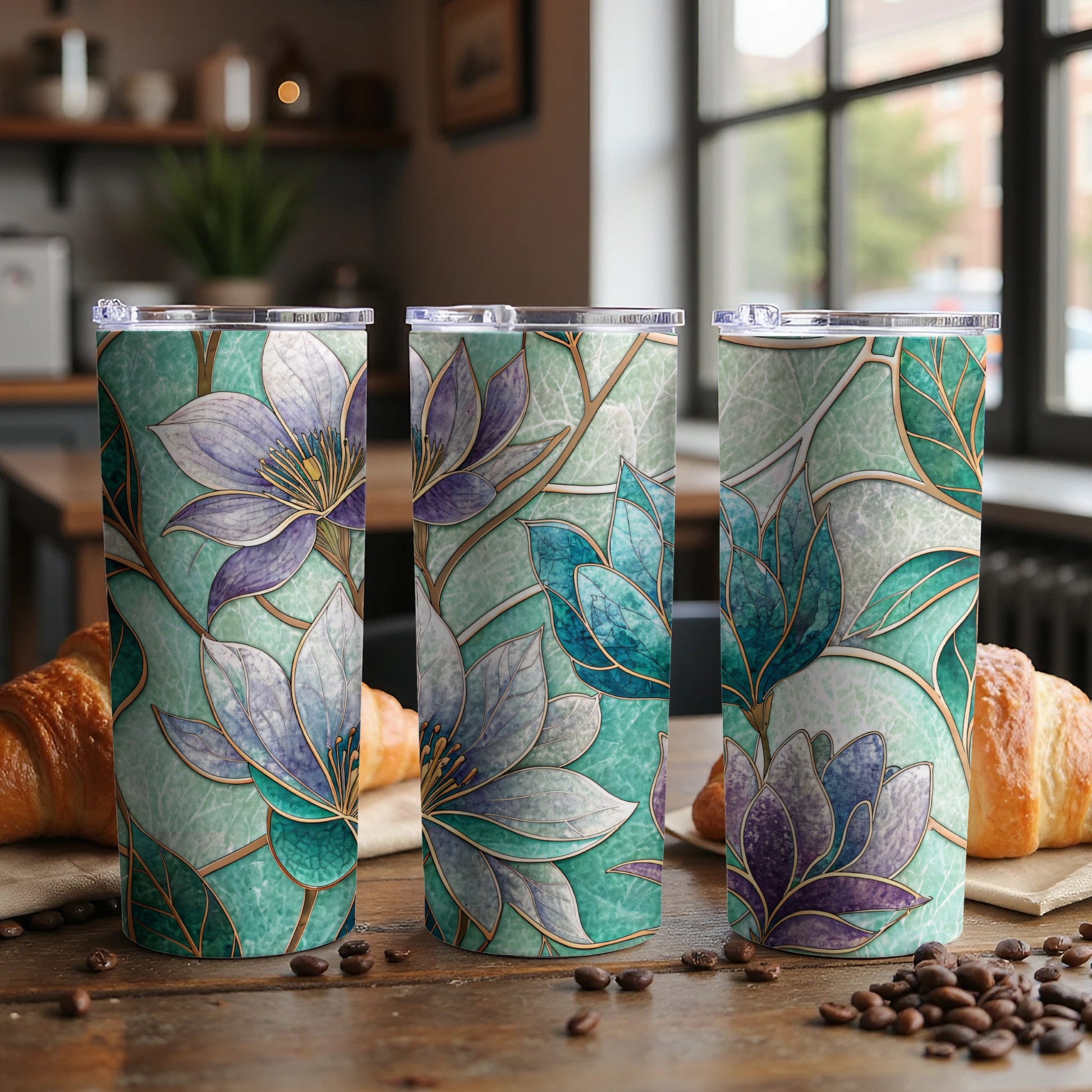 Floral Stained Glass Design Beautiful Flowers Style Art 20 oz Skinny Tumbler - Walk Greener