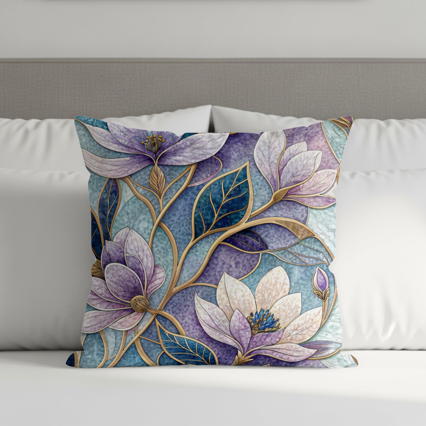 Floral Design Purple Blue and Gold Botanical Pattern Throw Pillows - Walk Greener