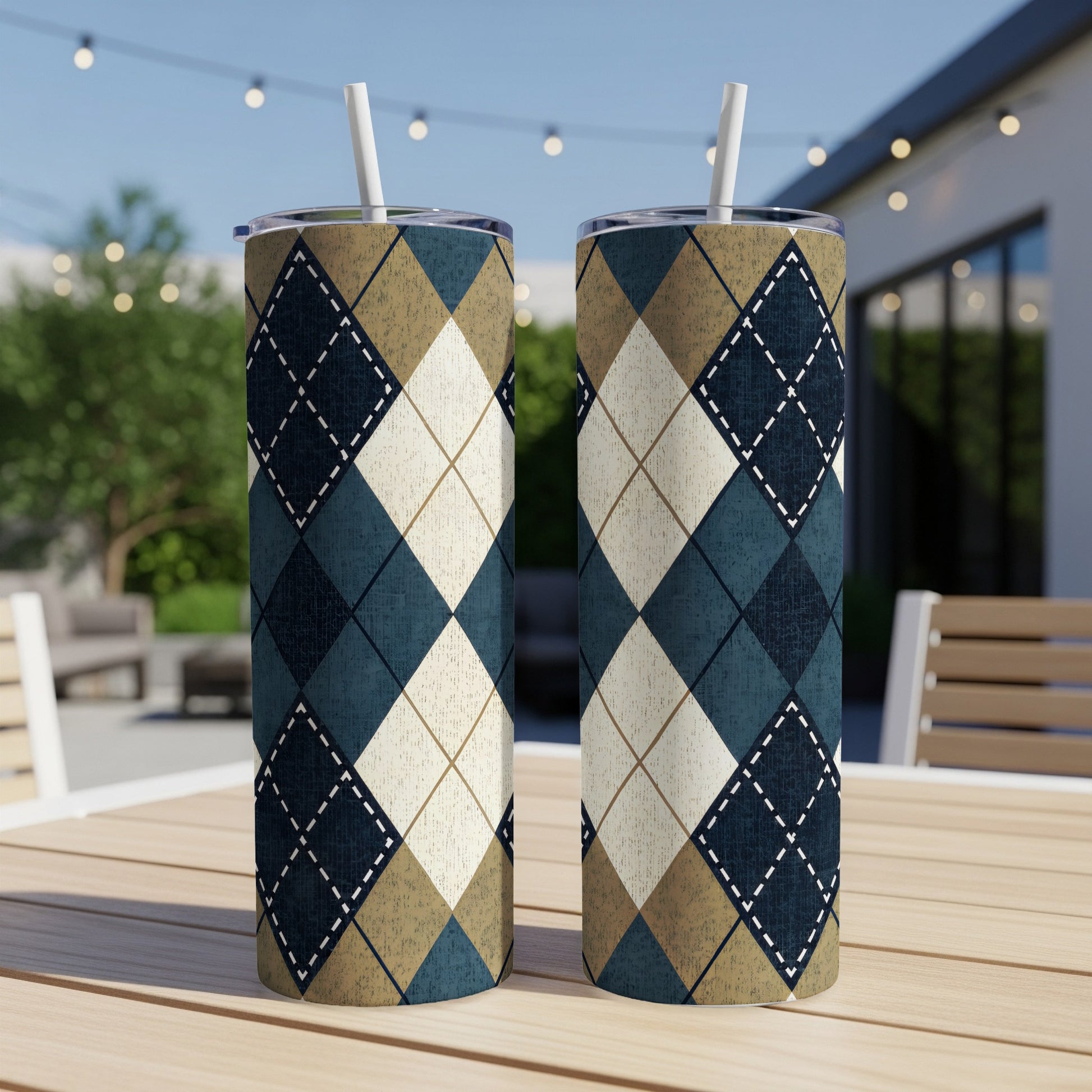 Blue Beige and White Argyle Plaid Patterned Design Tumbler - Walk Greener