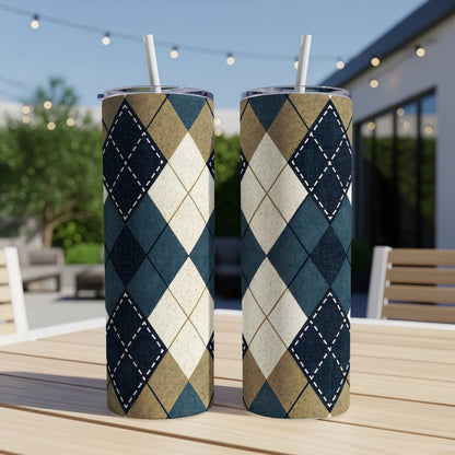 Blue Beige and White Argyle Plaid Patterned Design Tumbler - Walk Greener