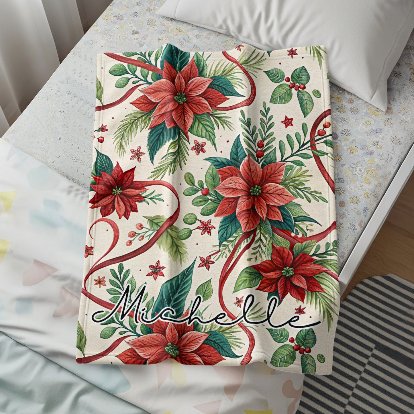 Personalized Poinsettia Christmas Blanket Michelle