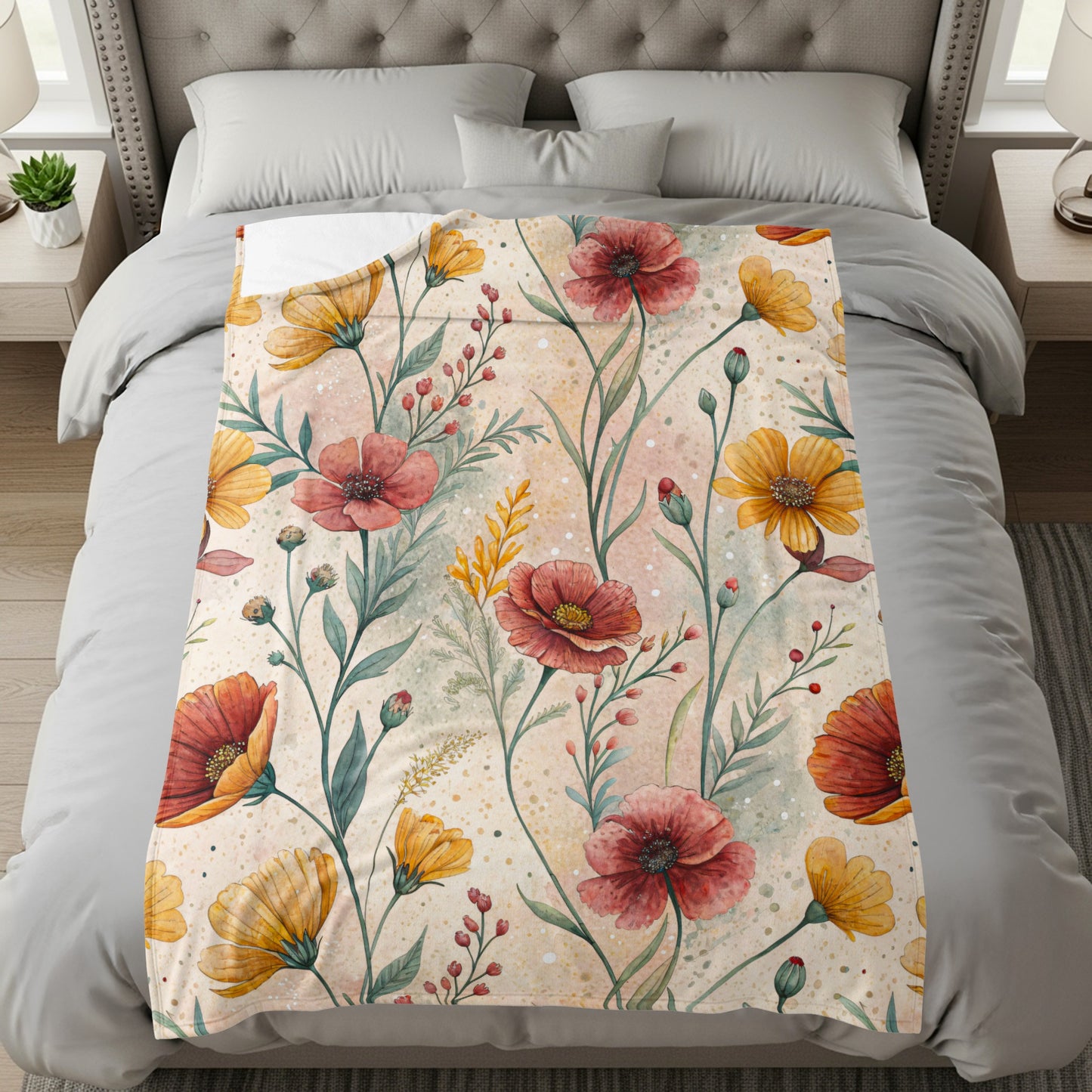 Watercolor Floral Pattern Design Red And Yellow Flowers Velveteen Plush Blankets - Walk Greener