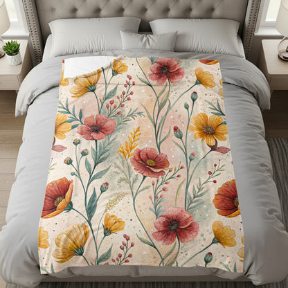 Watercolor Floral Pattern Design Red And Yellow Flowers Velveteen Plush Blankets - Walk Greener
