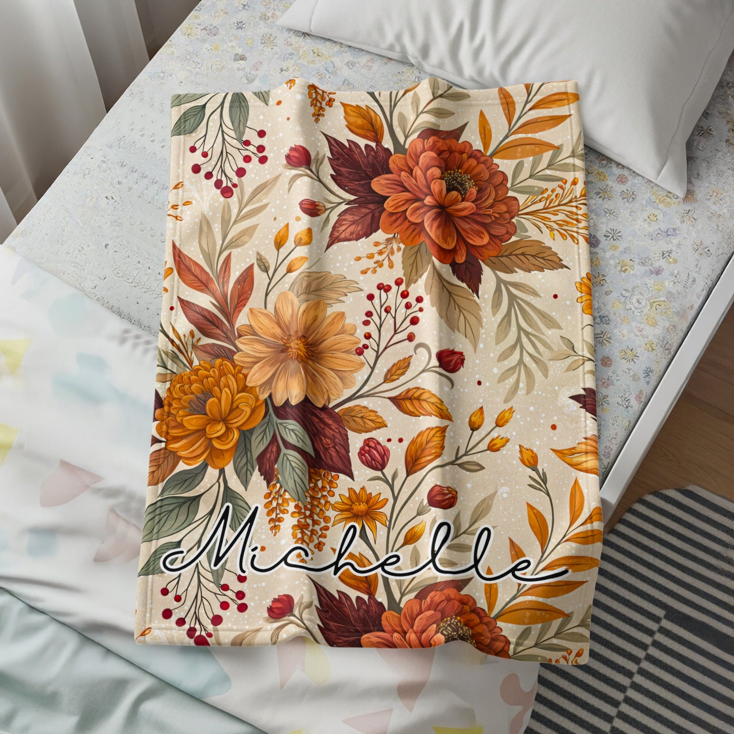 Autumn Floral Personalized Blanket with Michelle Text