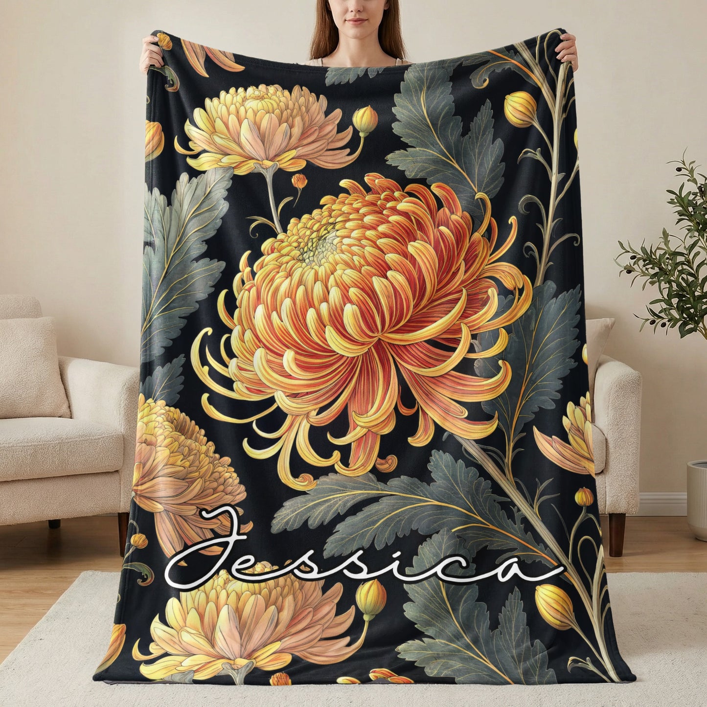 Jessica Floral Blanket with Chrysanthemum Motif Design