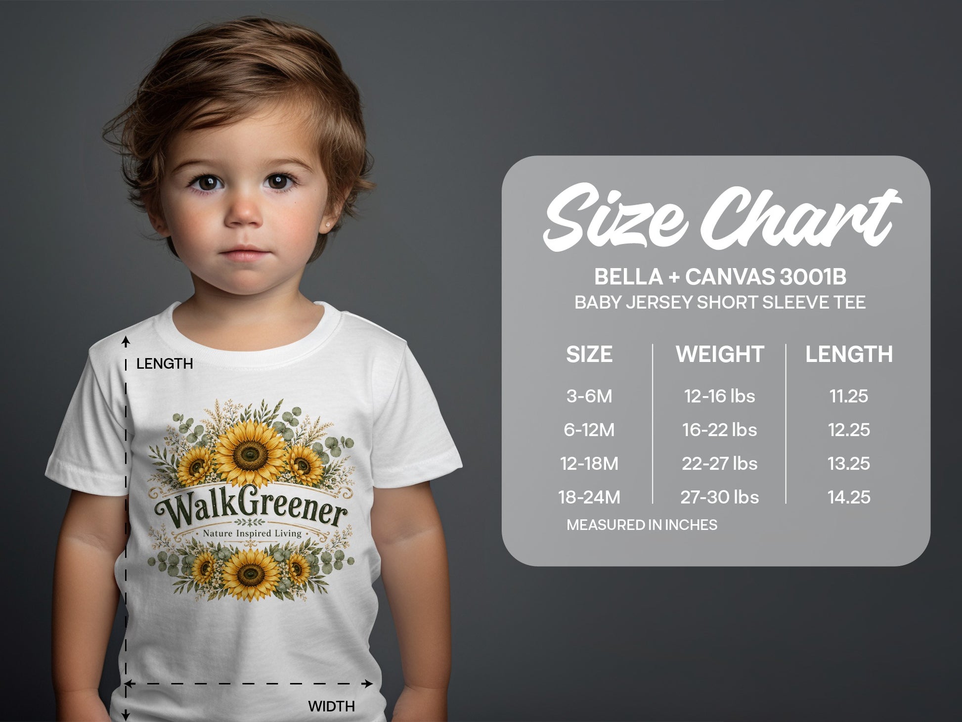 Child wearing white "Walk Greener" t-shirt with sunflowers and size chart.