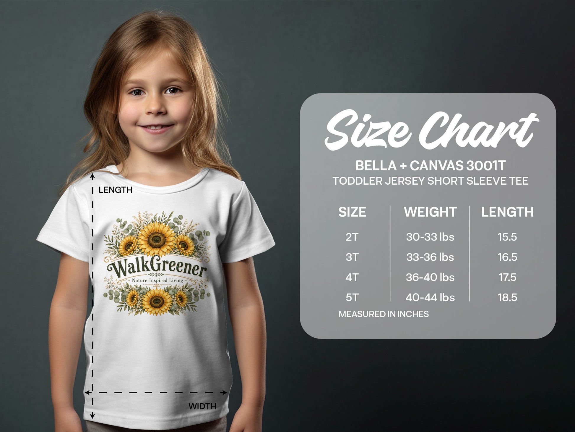 Toddler t-shirt with floral graphic and size chart showing measurements of Bella + Canvas 3001T tee.