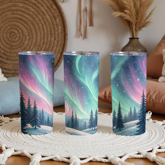 Aurora Borealis Over Snowy Forest Winter Scene Tumbler - Walk Greener