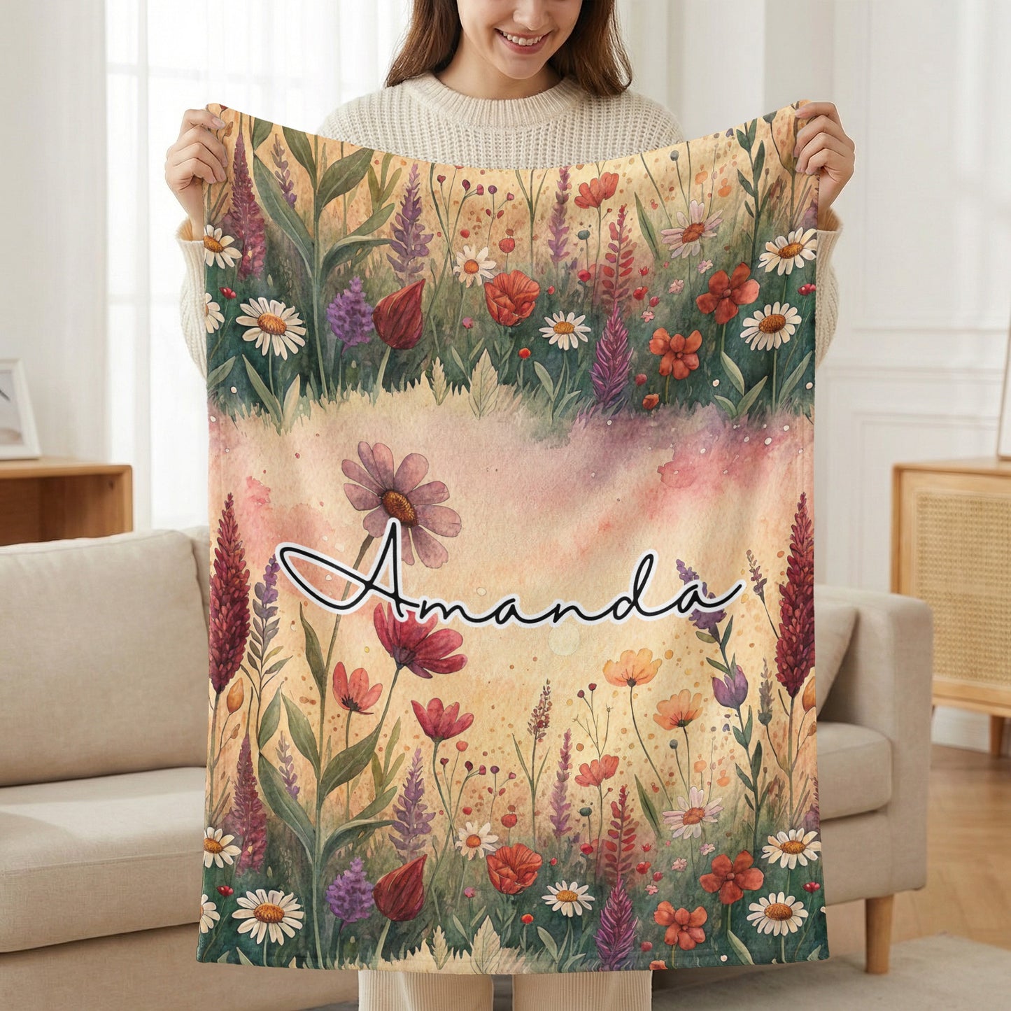Floral Meadow Design Custom Name Blanket