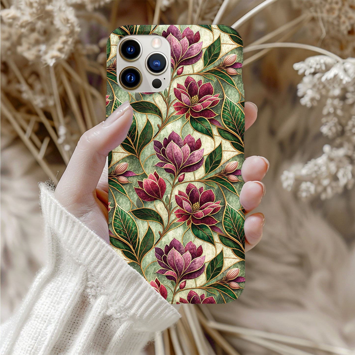 Vintage Floral Pattern Phone Case with Burgundy Flowers