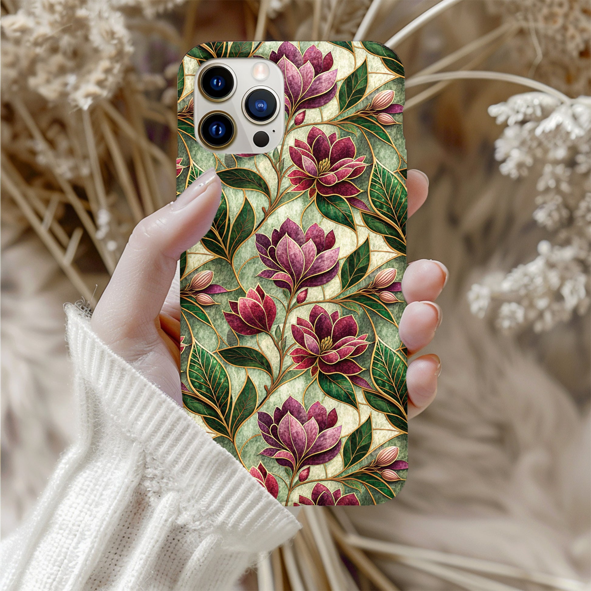 Vintage Floral Pattern Phone Case with Burgundy Flowers