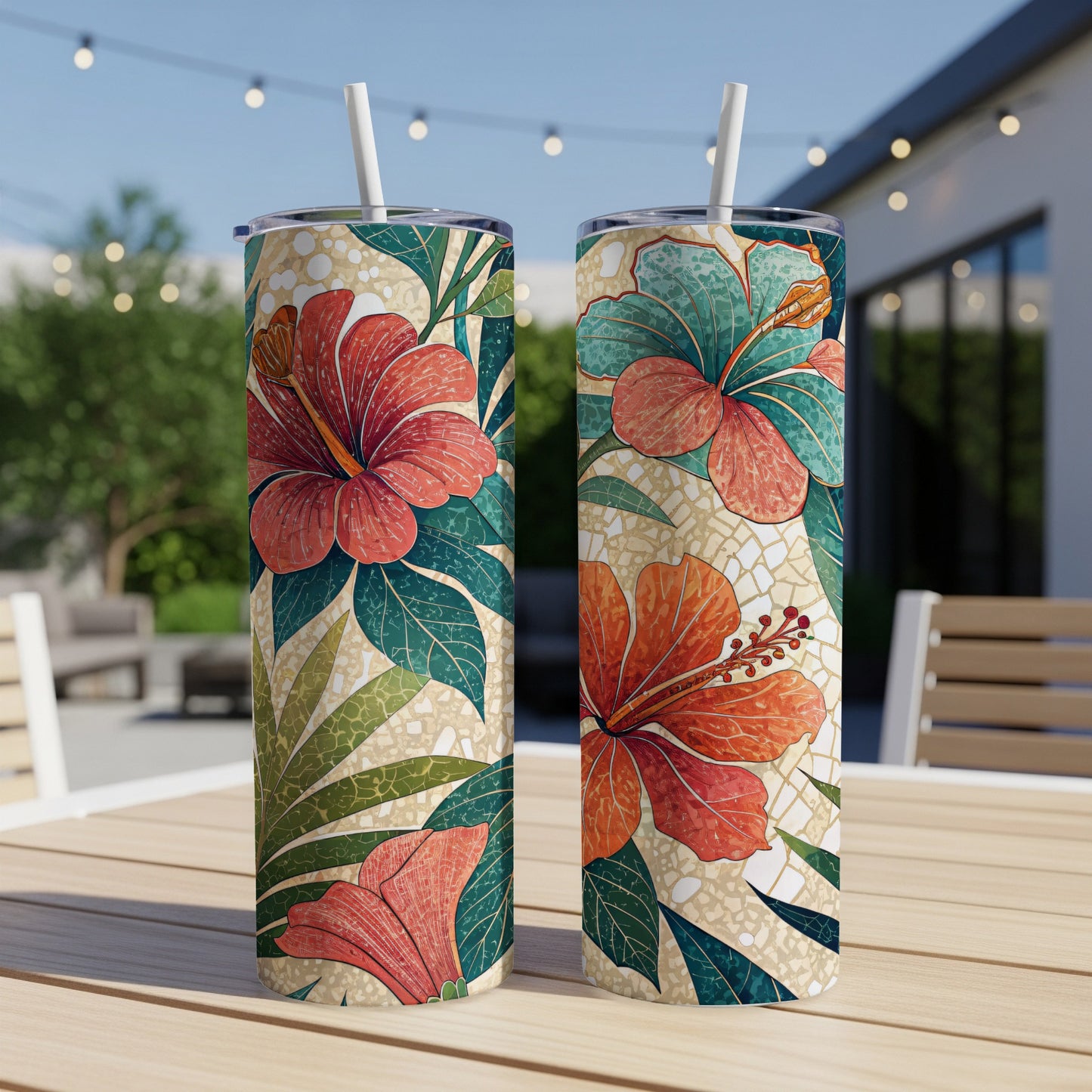 Tropical Hibiscus Flowers Artistic Pattern 20 oz Skinny Tumbler - Walk Greener