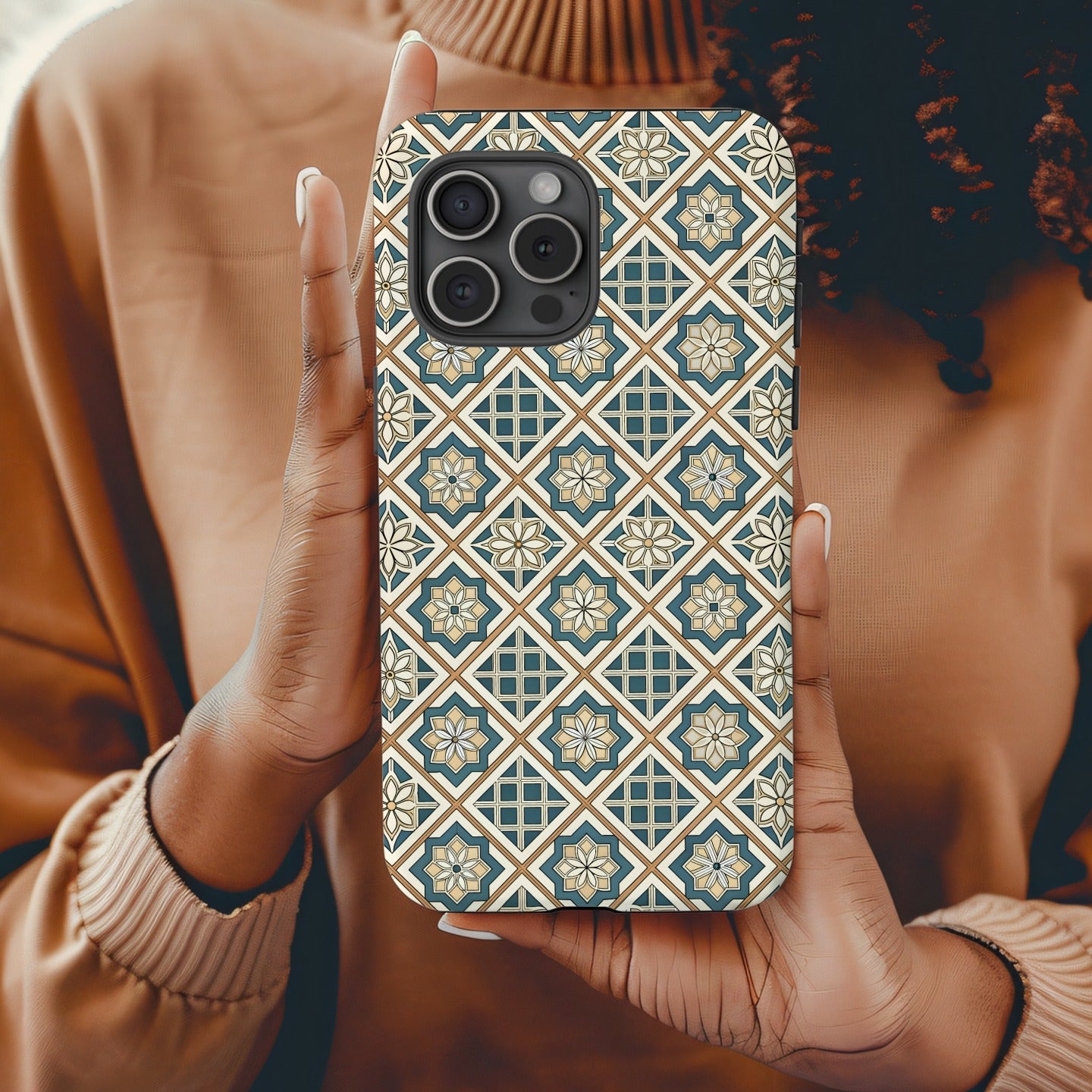 Beige Flowers Blue Diamonds Geometric Patterns Custom Phone Case - Walk Greener