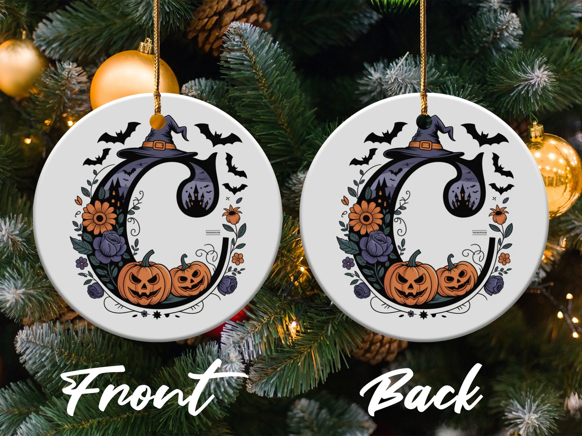 Halloween Pumpkin Witch Hat and Bat Ornament product