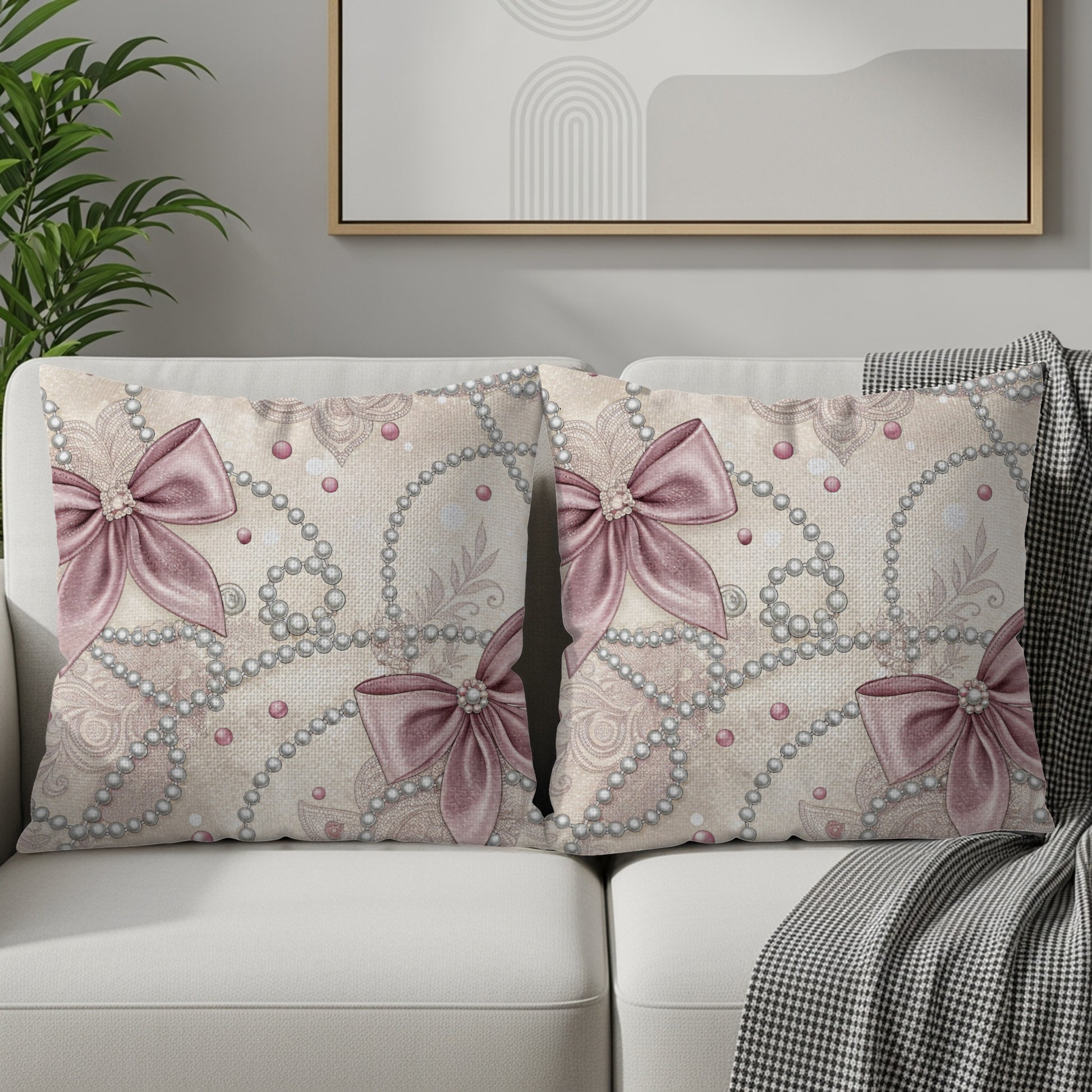 Elegant Pink Bow and Pearl Cushion Cover Set