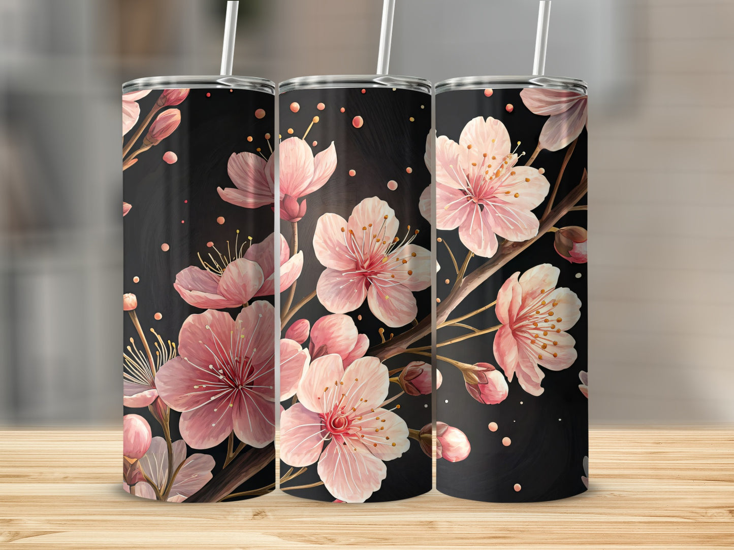 Floral Pink Blossom Design Black Tumbler Product