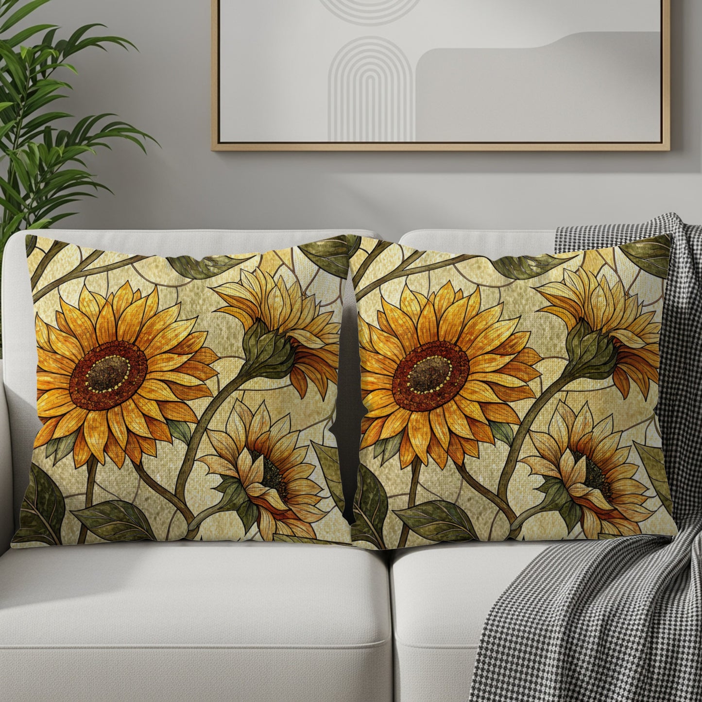 Sunflower Stained Glass Style Pattern Golden Background Throw Pillows - Walk Greener