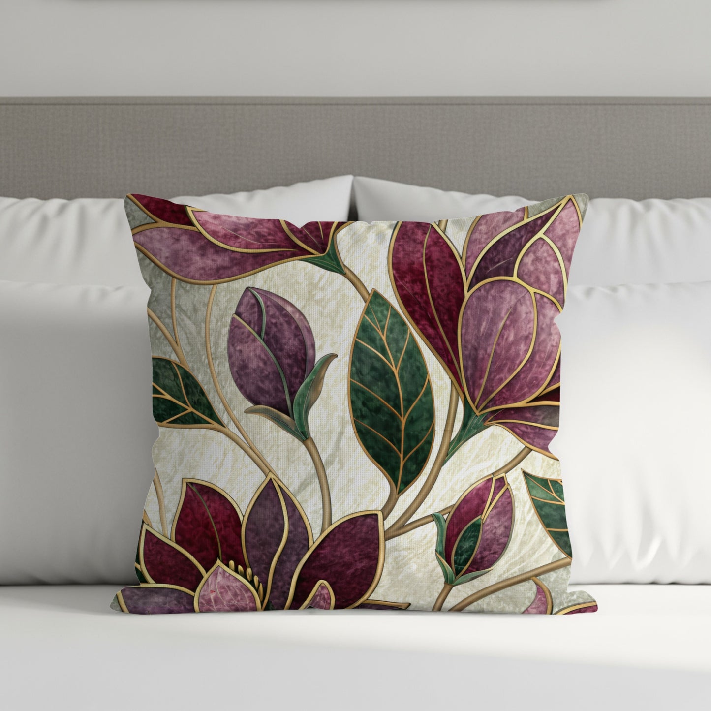 Maroon Flowers Golden Outlines on White Pattern Throw Pillows - Walk Greener