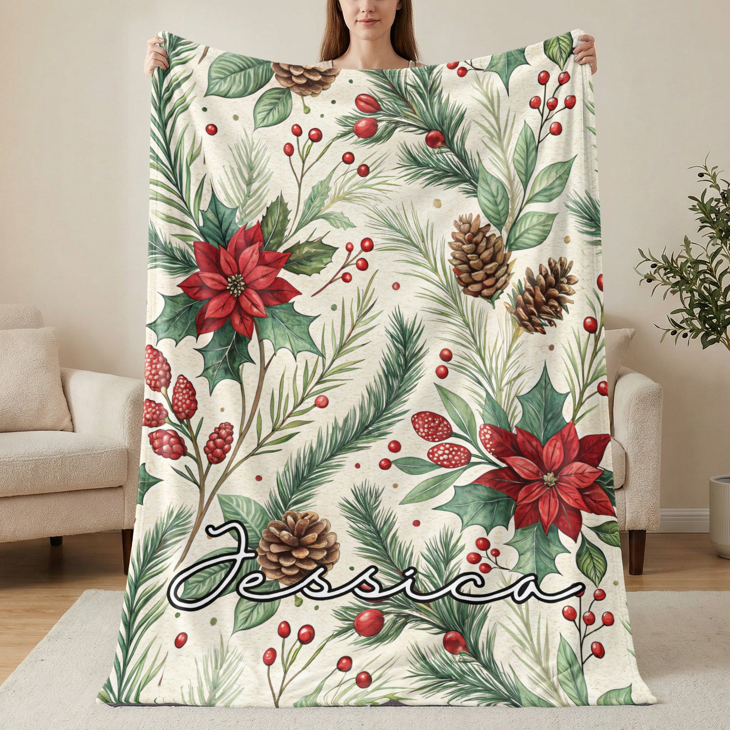 Custom Christmas Floral Pinecone Blanket with Name
