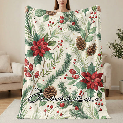 Custom Christmas Floral Pinecone Blanket with Name