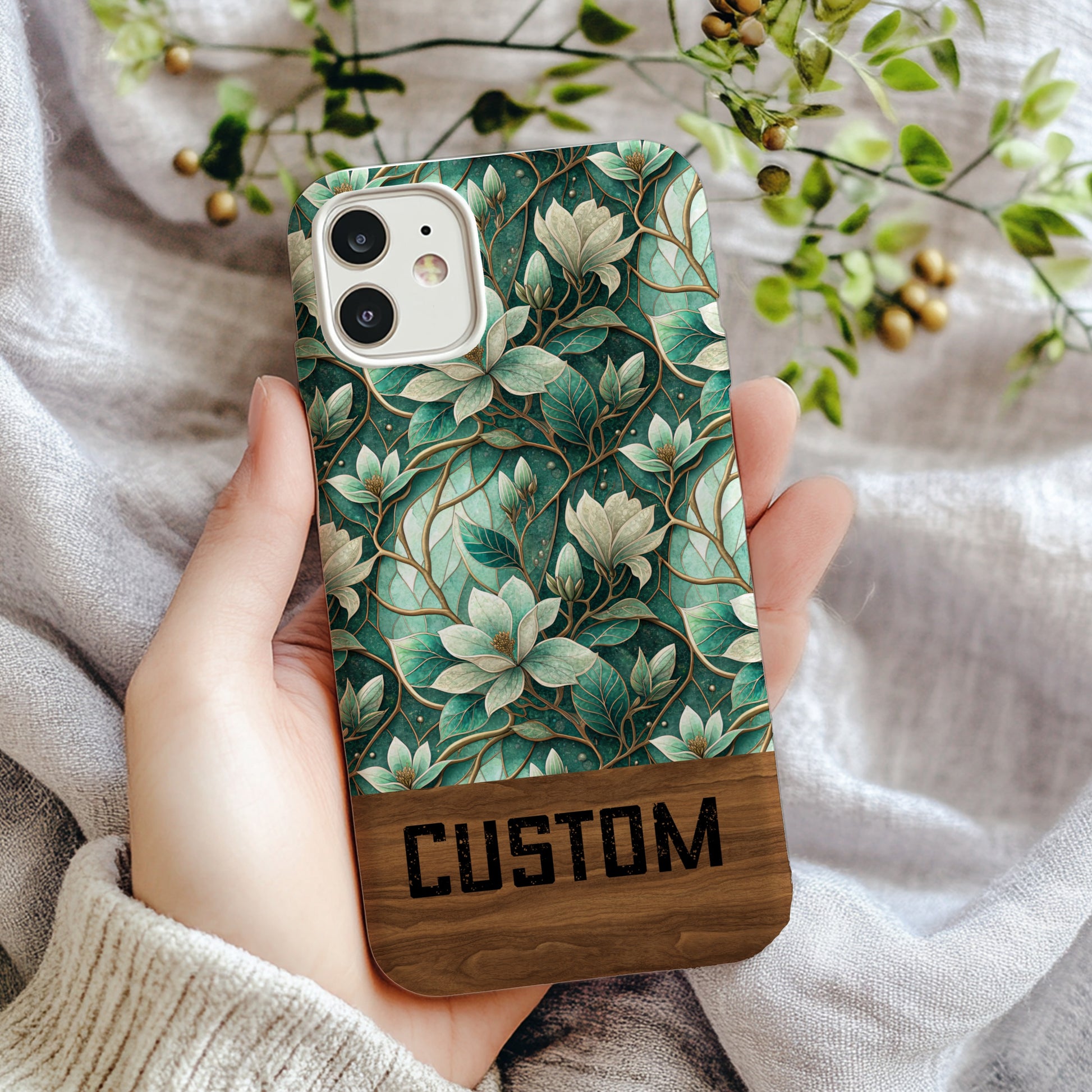 Custom Floral Pattern Phone Case with Wooden Accent