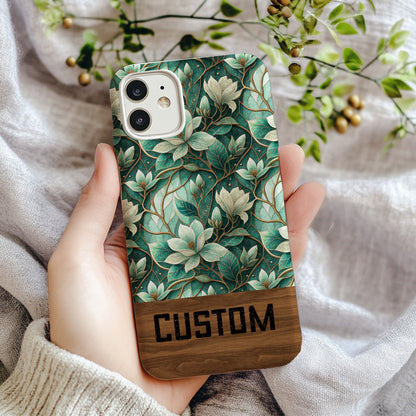 Custom Floral Pattern Phone Case with Wooden Accent