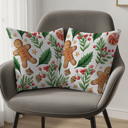 Festive Gingerbread and Holly Throw Pillow Cover