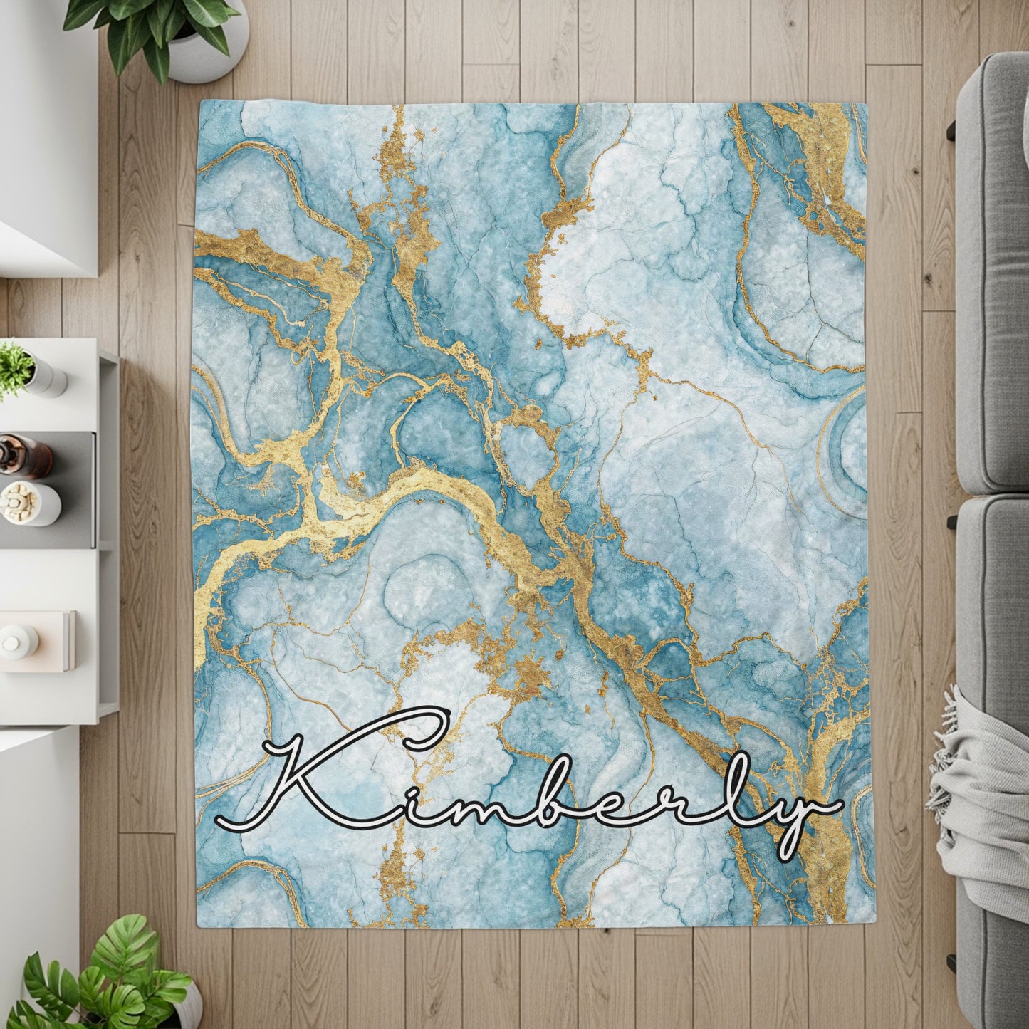 Teal and Gold Marble Custom Name Special Blanket - Walk Greener