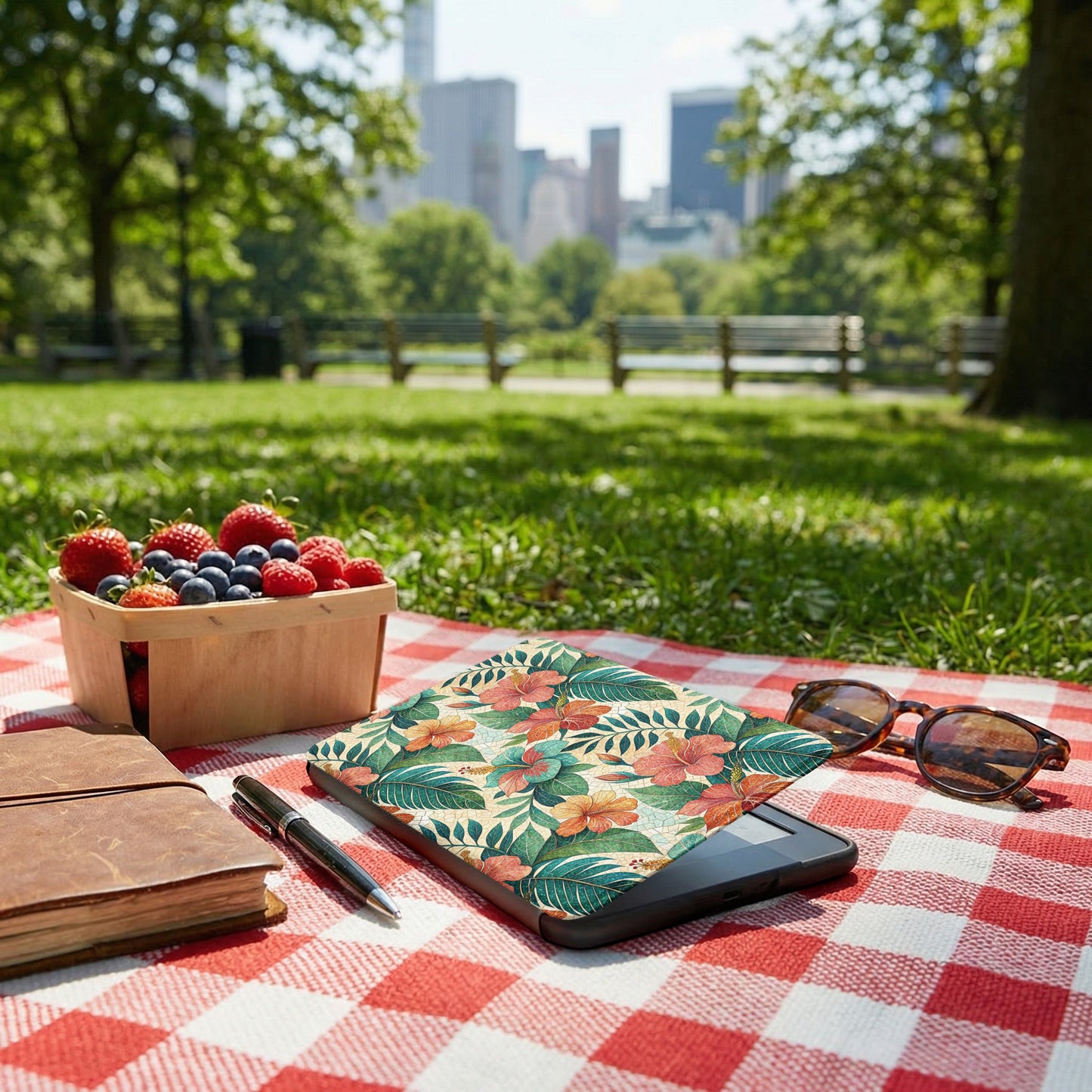 Floral Tablet Case with Colorful Hibiscuses and Leaves