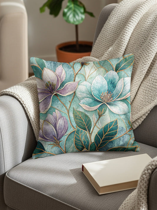 Floral Mosaic Magnolia Watercolor Elegant Design Throw Pillows - Walk Greener